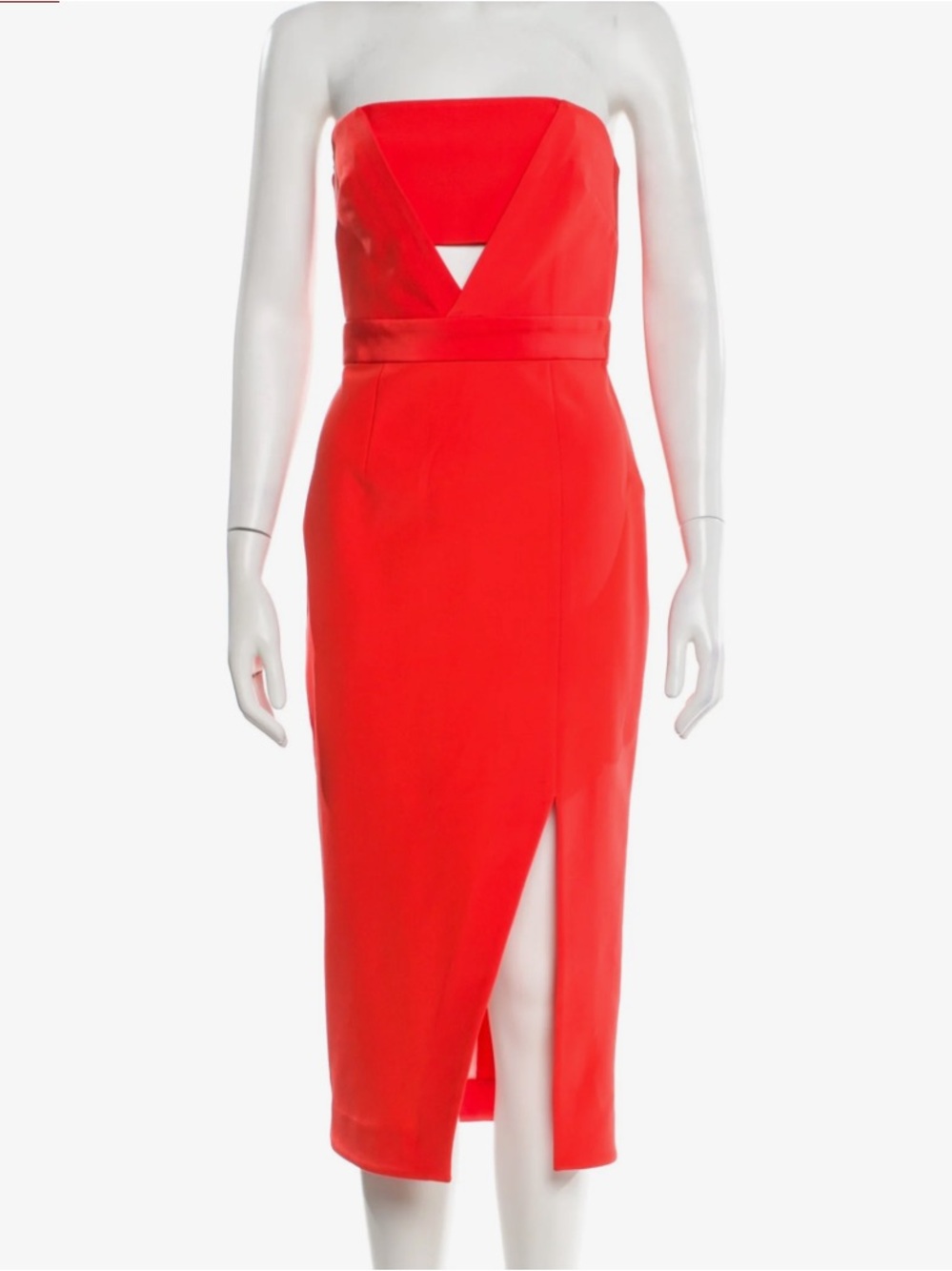 NICHOLAS 100% Silk Orange Coral Red Strapless Cutout Midi Fitted Dress Size 2